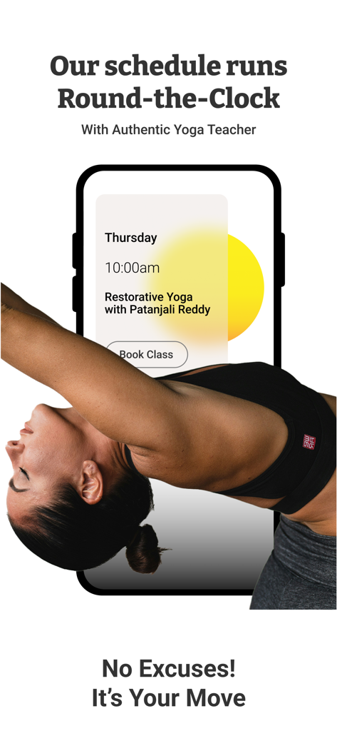 Écran de l'application Shvasa montrant le calendrier des cours de yoga en direct 24h/24 et l'interface de réservation