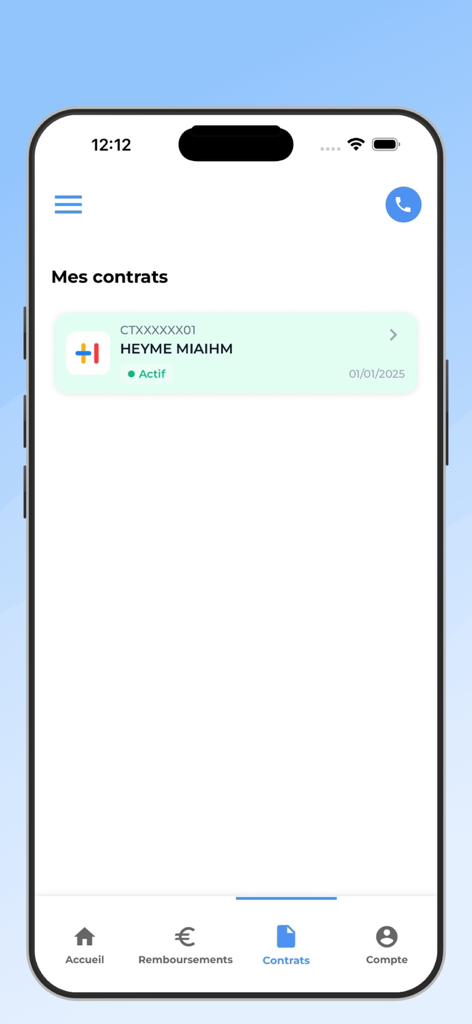 HEYME 뮤추얼 앱 인터페이스, 활성 건강 보험 계약 세부 정보 표시