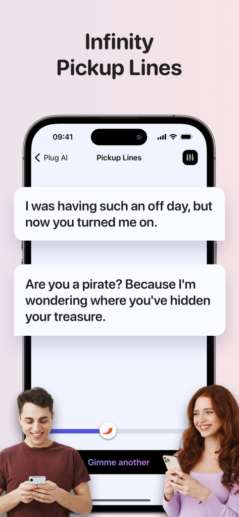 Plug AI: Rizz Dating Wingman - Schermata dell'app Plug AI che mostra battute di adescamento generate dall'AI per le app di dating.