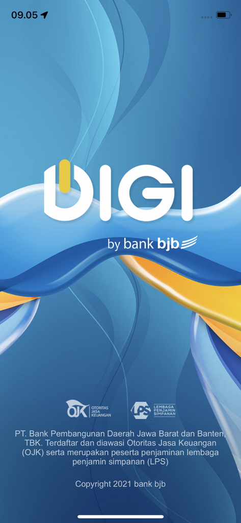 Pantalla de inicio de la aplicación de banca móvil DIGI by bank bjb con logos oficiales y fondo azul