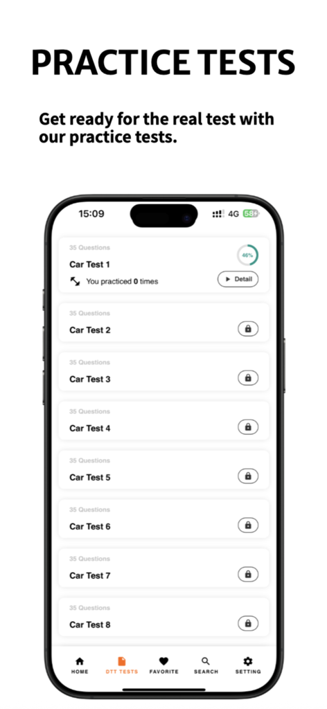 NZ Driving Theory Test PRO - Ecrã da aplicação móvel mostrando uma lista de testes práticos de teoria para carros com rastreamento de progresso