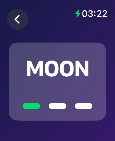 Una interfaz de práctica de código Morse que muestra la palabra MOON con barras de señal interactivas sobre un fondo oscuro