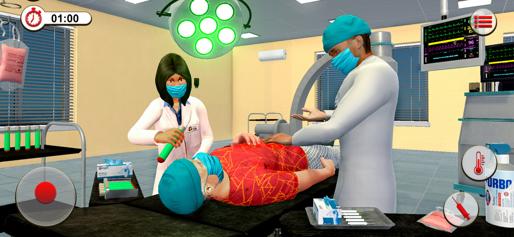 Simulazione ospedaliera 3D che mostra medici che preparano un paziente per un intervento chirurgico con attrezzature mediche