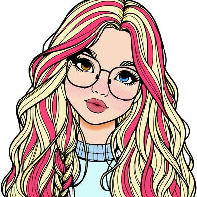 girl with long hair and freckles and glasses realistic