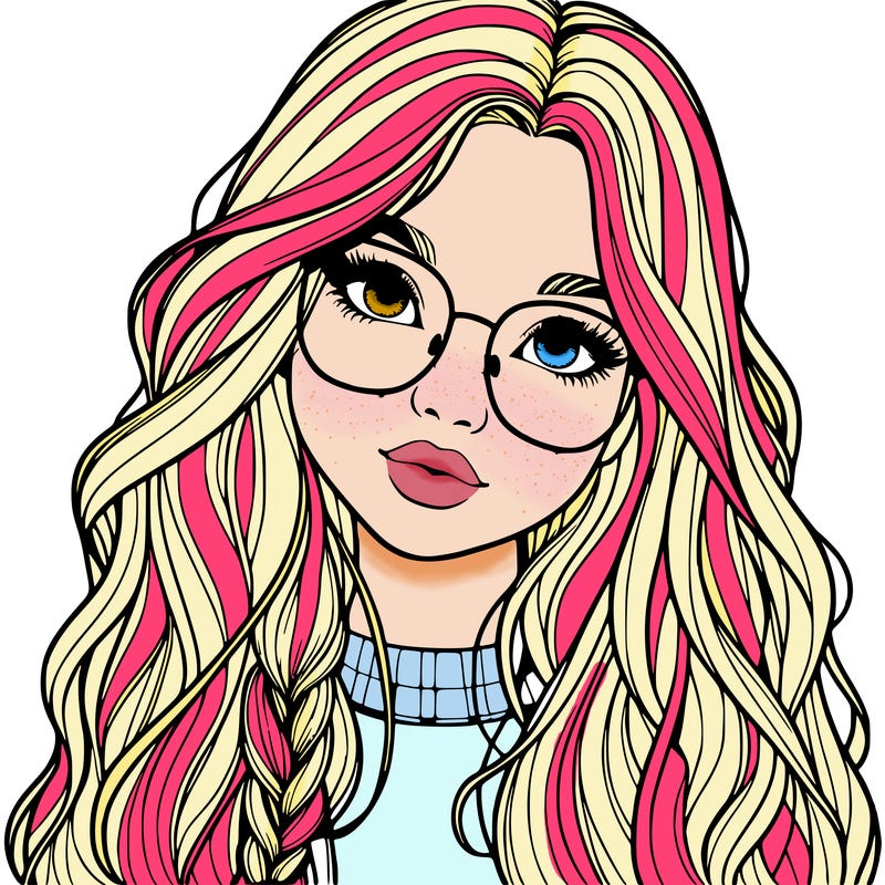girl with long hair and freckles and glasses realistic