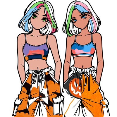 two girls with crop top with baggy pants