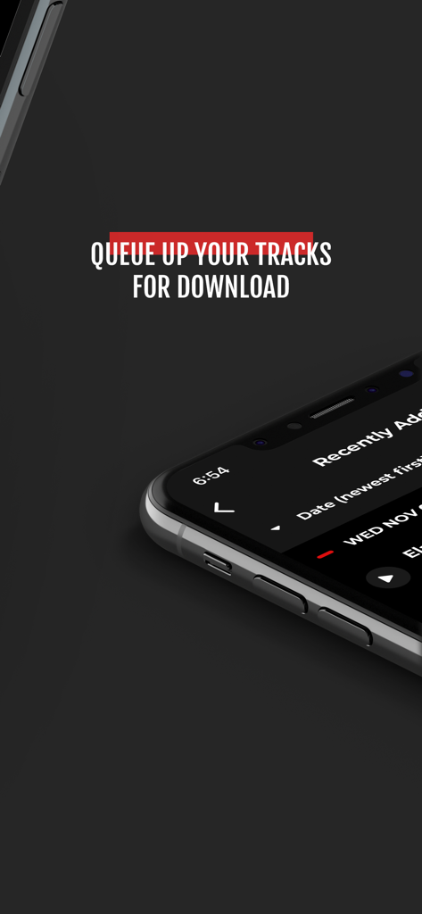 DJcity - A smartphone showing the DJcity app with text saying queue up your tracks for download
