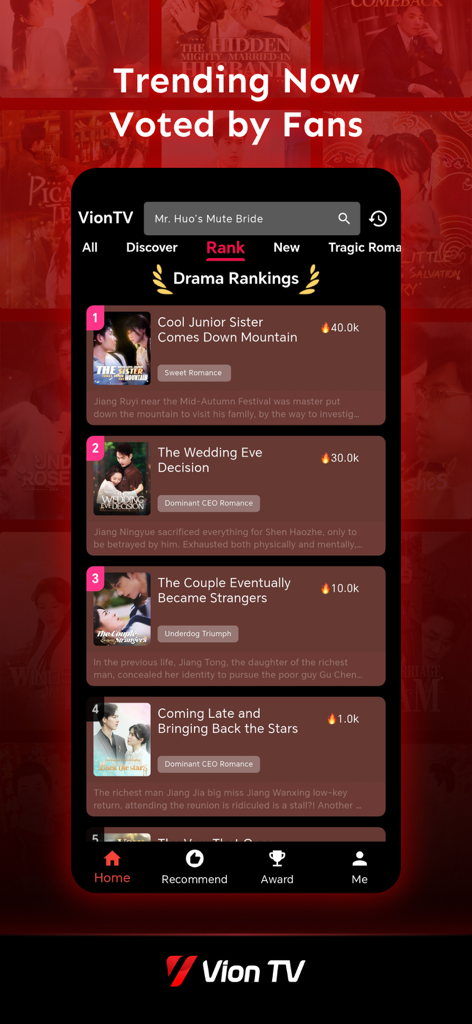 VionTV - VionTV app interface showing drama rankings for trending short series like CEO romance and sweet romance