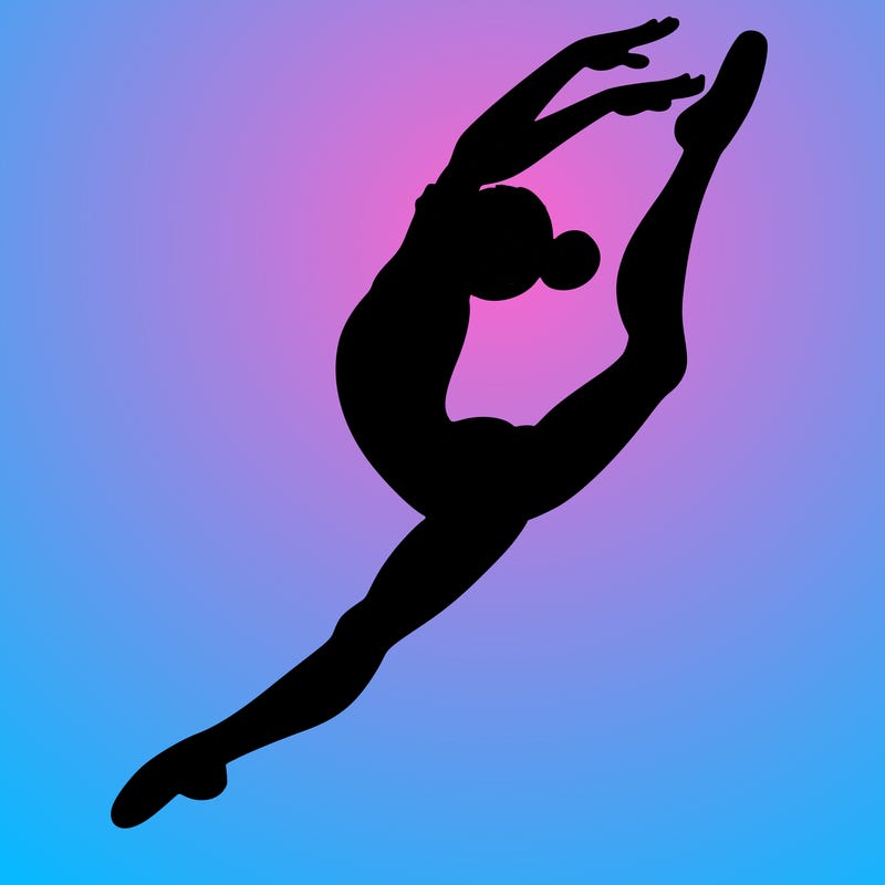 gymnast doing a leap in a leotard with a bent back leg