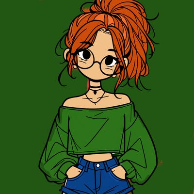 girl with a messy ponytail glasses a baggy crop top and jean shorts
