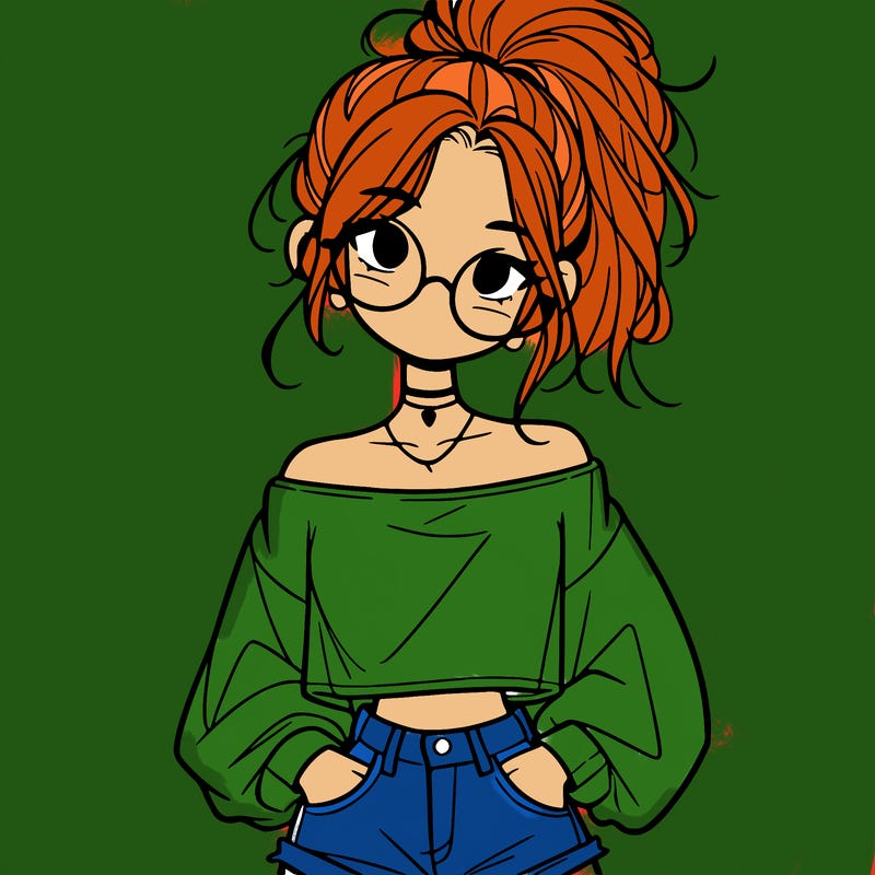 girl with a messy ponytail glasses a baggy crop top and jean shorts