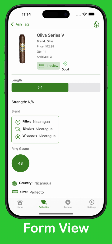 Una entrada de registro de puros detallada en la aplicación Ash Tag que muestra información de marca, detalles de la mezcla y especificaciones físicas como calibre y longitud.