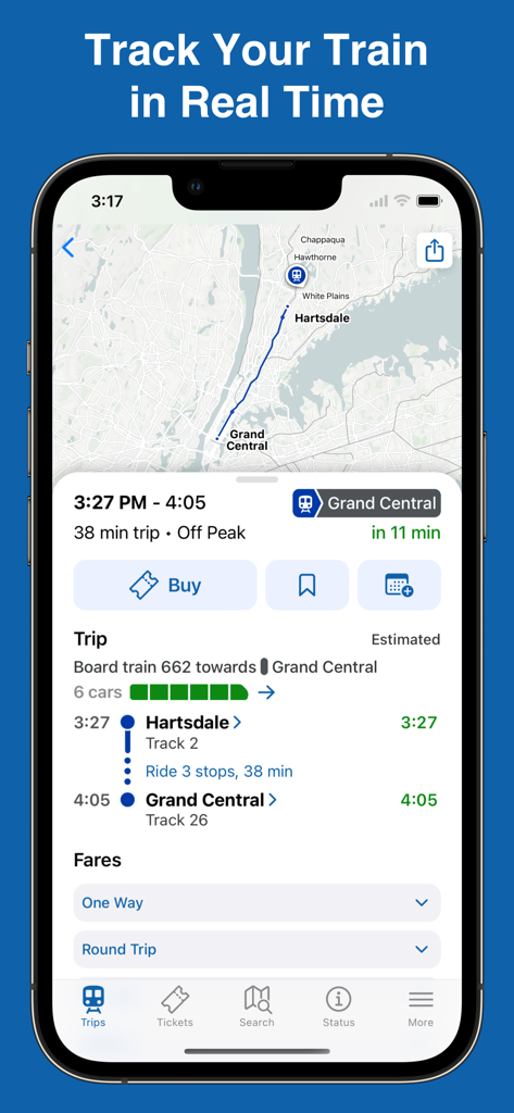 MTA TrainTime - MTA TrainTime app interface showing real-time train tracking from Hartsdale to Grand Central with crowding data and trip details