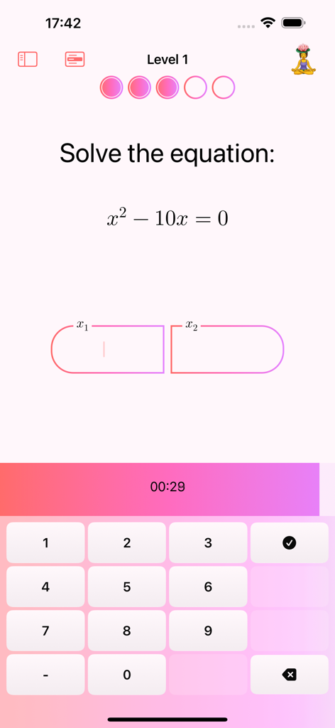 Math Guru - Personal Trainer - Math Guru app interface showing a quadratic equation task with a countdown timer and input fields for solutions