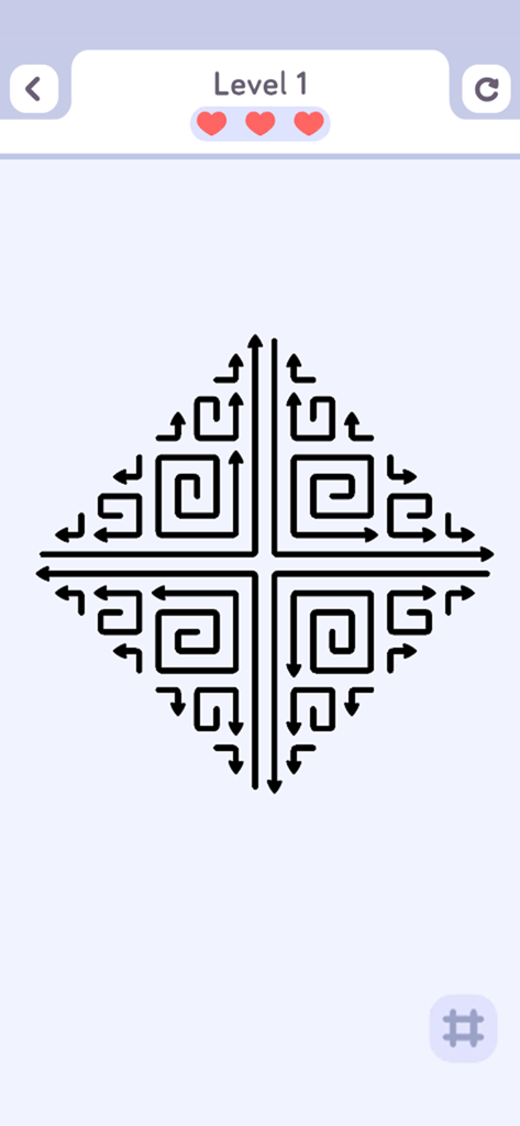 Pantalla de juego minimalista de Arrow Flow Puzzle que muestra el Nivel 1 con un laberinto geométrico de flechas negras.