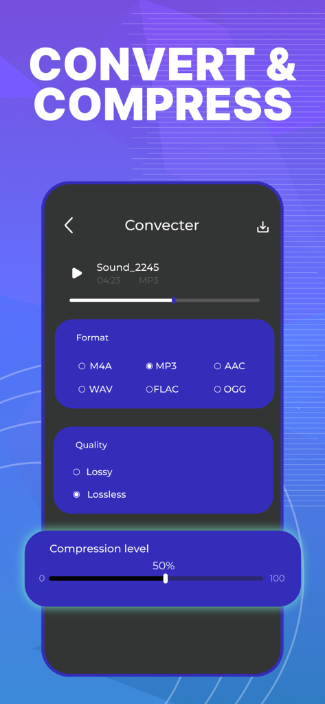Audio Editor - AudioLab, Mixer - AudioLab mobile app interface for converting and compressing audio files with format and quality settings