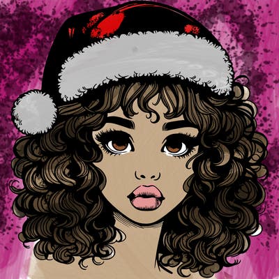 realistic girl with a santa hat curly hair and lips