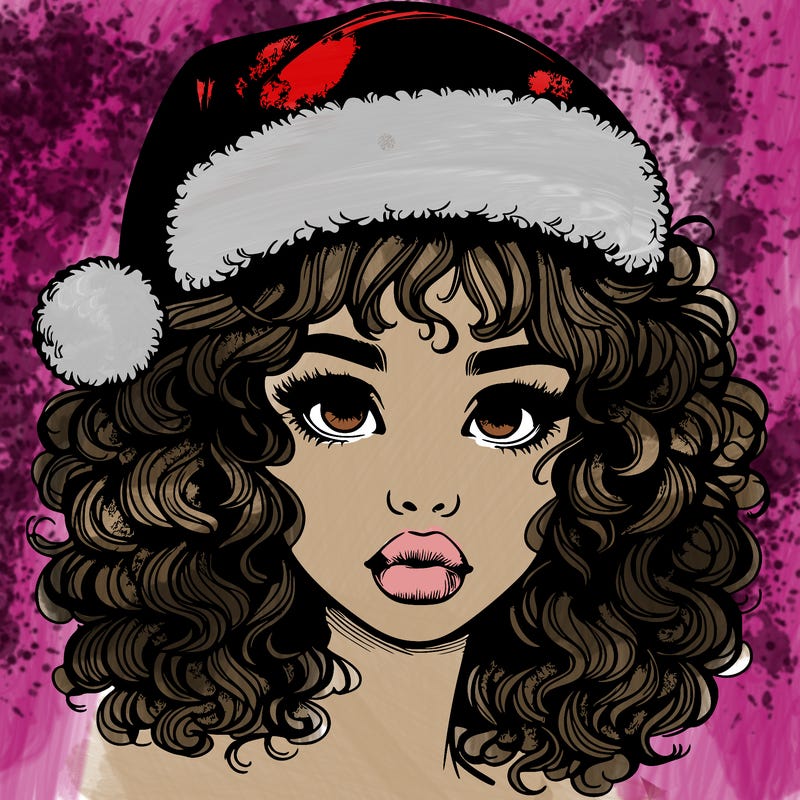 realistic girl with a santa hat curly hair and lips