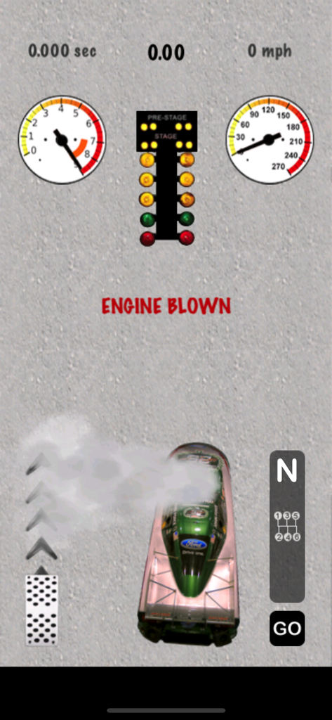 Top Fuel Drag Racing Simulator - Vista cenital de un funny car verde con humo y un mensaje de motor averiado en un simulador de drag strip