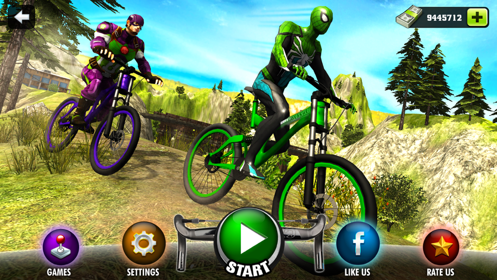 Offroad Superhero Bicycle Race - Main menu of the Offroad Superhero Bicycle Race mobile game featuring characters in superhero costumes on mountain bikes.