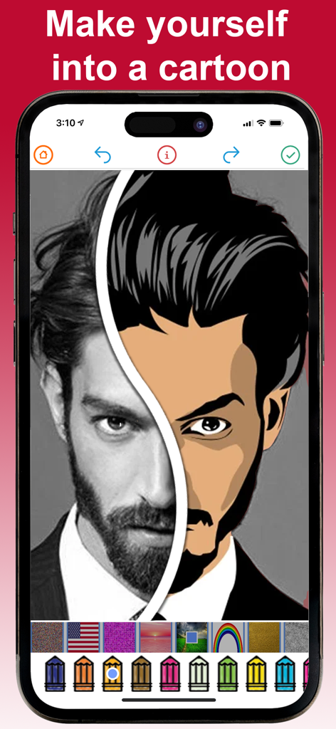 Turn Photo To Picture Coloring - Un'interfaccia di un'app mobile che mostra una vista a schermo diviso di una foto reale convertita in un'illustrazione a cartoni animati con strumenti di colorazione.