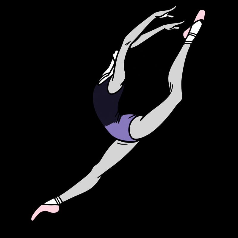gymnast doing a leap in a leotard with a bent back leg