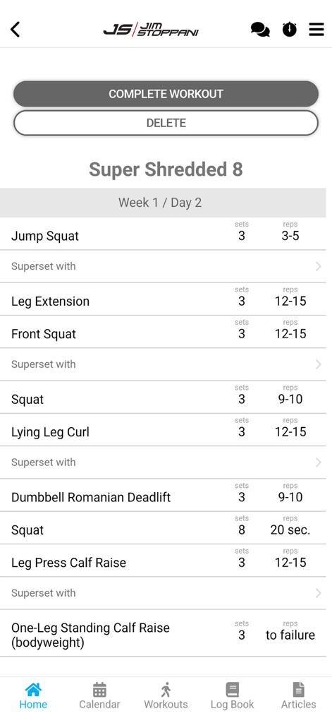 JIM Stoppani - Rutina de entrenamiento detallada para el programa Super Shredded 8 en la aplicación Jim Stoppani