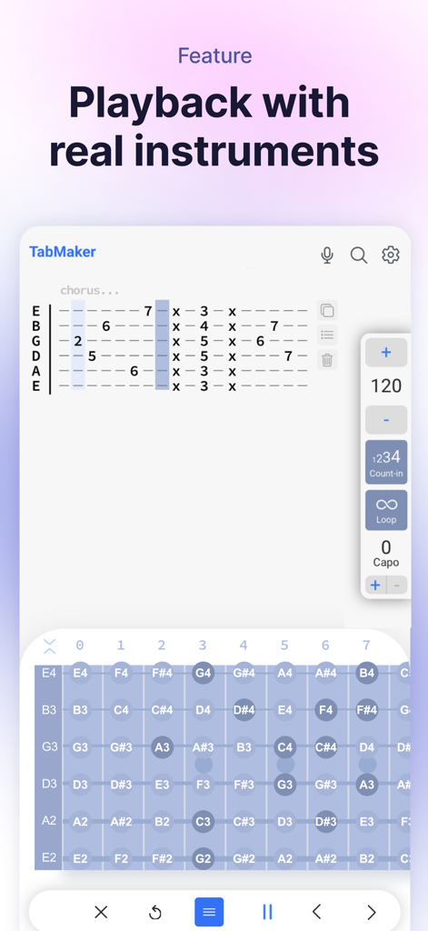 TabMaker - Guitar Tab Editor - Interface of the TabMaker app featuring a guitar tablature editor with playback controls and a virtual fretboard.