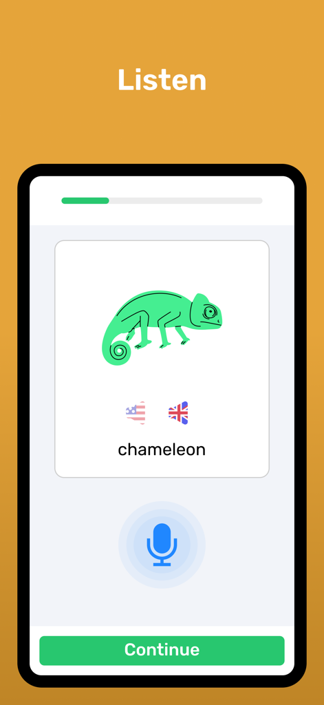 Wlingua app lesson for learning the word chameleon with American and British audio options and pronunciation practice