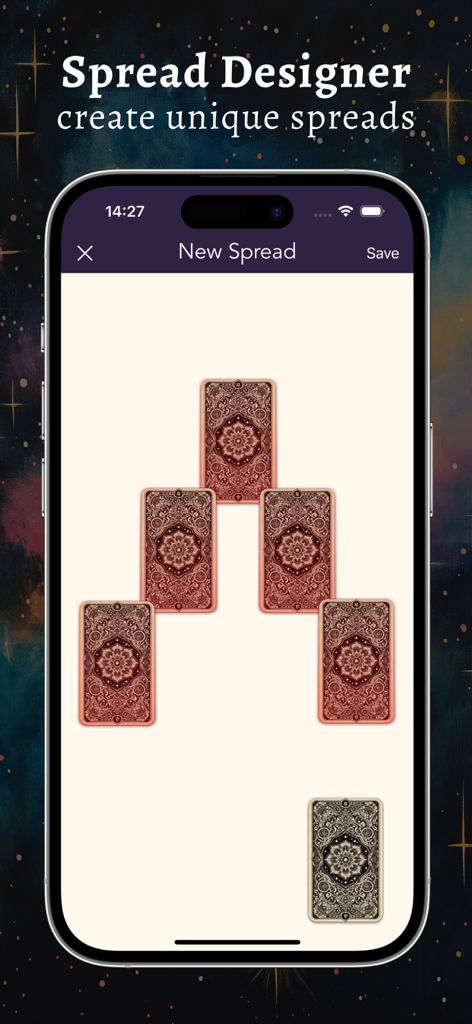 Tarot & Runes: Daily Readings - Pantalla de smartphone mostrando la herramienta Diseñador de Tiradas en la aplicación Tarot y Runes para crear diseños de cartas personalizados.