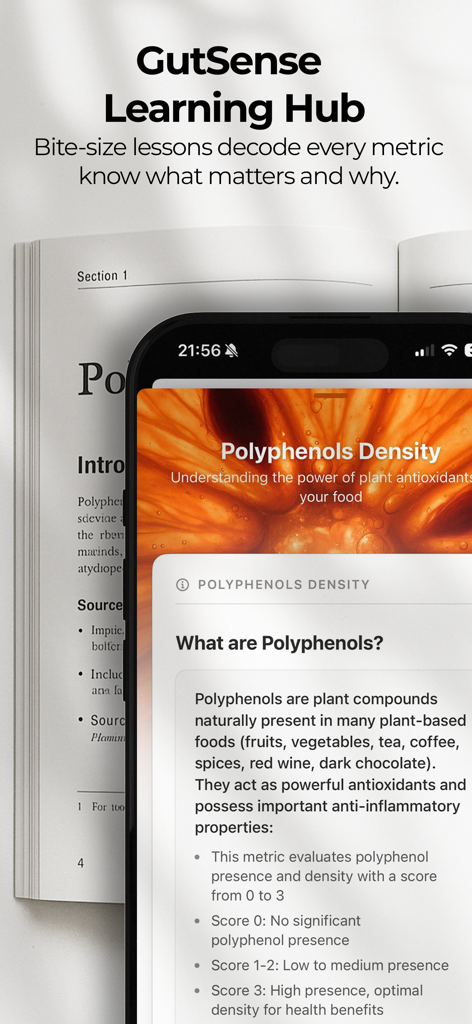 GutSense - Gut Health Coach - GutSense app Learning Hub showing a lesson about polyphenol density and its health benefits.