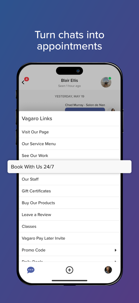 Connect: Business Messenger - Connect Business Messenger interface showing the option to book appointments directly from a chat using Vagaro Links.