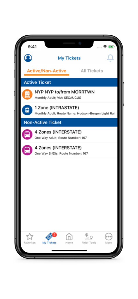 NJ TRANSIT mobile app screen showing active and non active digital train and bus tickets
