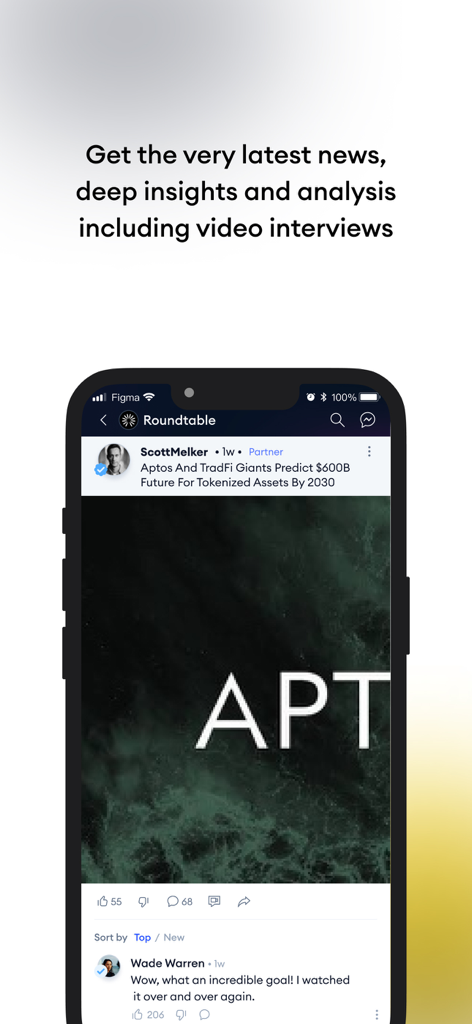 Roundtable (RTB) - Interfaz de la aplicación Roundtable que muestra una noticia sobre activos tokenizados y perspectivas financieras del experto Scott Melker.