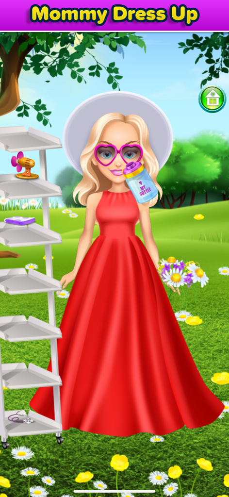 Mommy's New Baby Girl Game - Mommy character in a red dress and sunglasses during a dress up level in a simulation game.