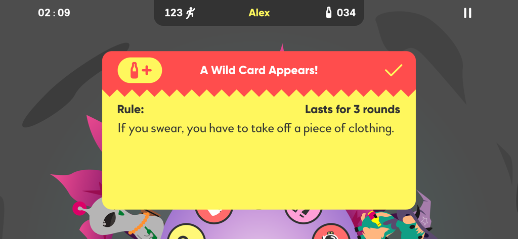 King of Booze 2 Drinking Game - A wild card challenge in King of Booze 2 drinking game requiring players to remove clothing if they swear.