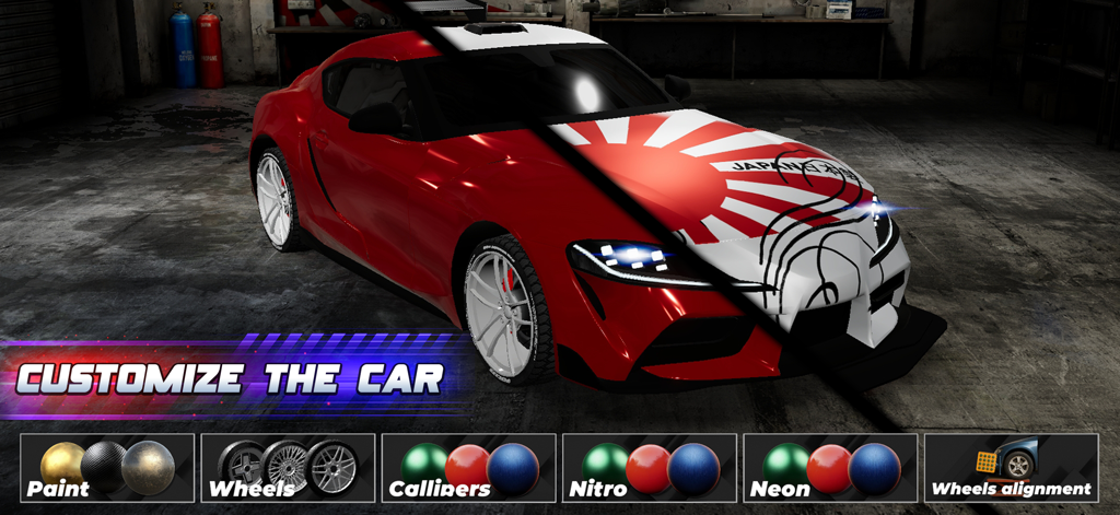 Car customization menu in Drag Sim 2 showing paint wheels and decal options for a sports car