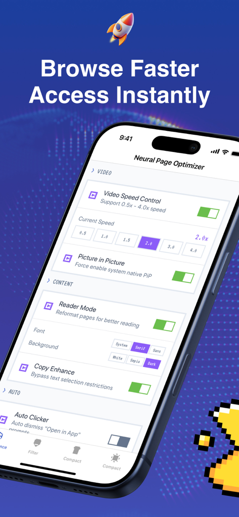 Origin AI: Silent Defense - Origin AI App-Oberfläche, die Browser-Optimierungsfunktionen zeigt, einschließlich Videogeschwindigkeitskontrolle und Reader-Modus