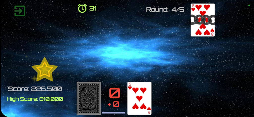 Universe Solitaire - A screenshot of Universe Solitaire gameplay showing card stacks and scores over a blue cosmic nebula background