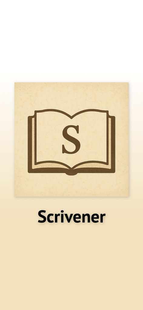 Logo de l'application d'écriture Scrivener avec une icône de livre ouvert et la lettre S