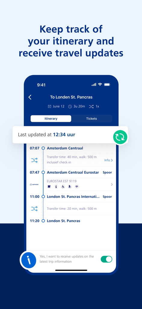 NS International - NS International app interface displaying a detailed train itinerary from Amsterdam to London with real-time updates and notification settings