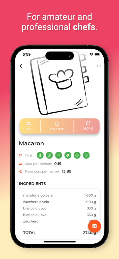 Pocket Chef - Recipes keeper - Macaron recipe interface in Pocket Chef app showing ingredient list with precise weights and food cost calculations per person and per recipe.
