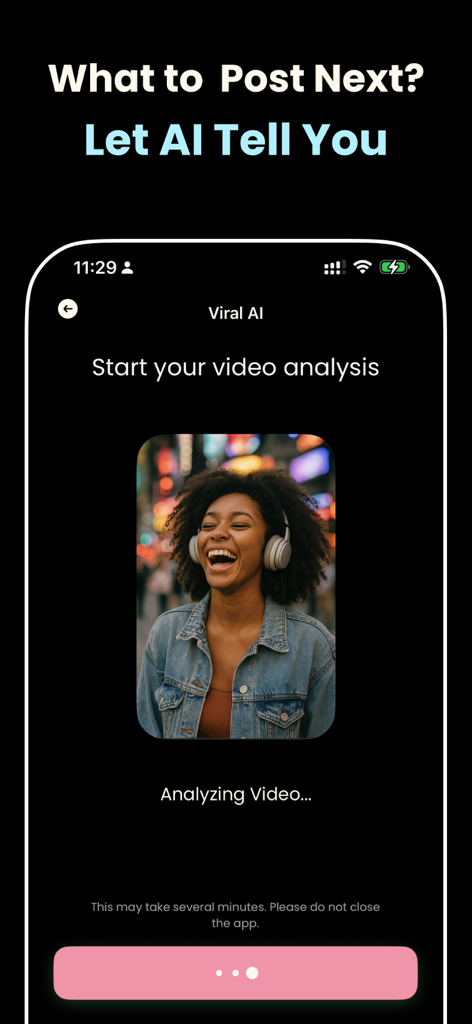 Viral AI: AI Creator Toolkit - Bildschirm der Viral AI App, der eine KI-Videoanalysefunktion zeigt, die Creators hilft zu entscheiden, was gepostet werden soll.