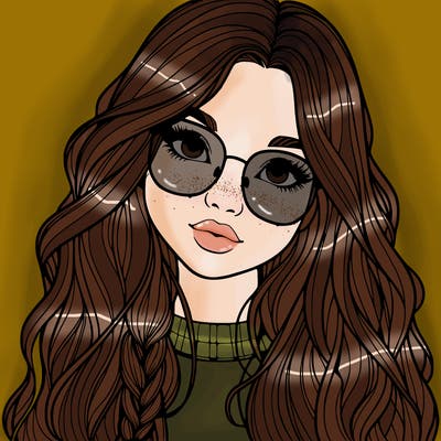 girl with long hair and freckles and glasses realistic