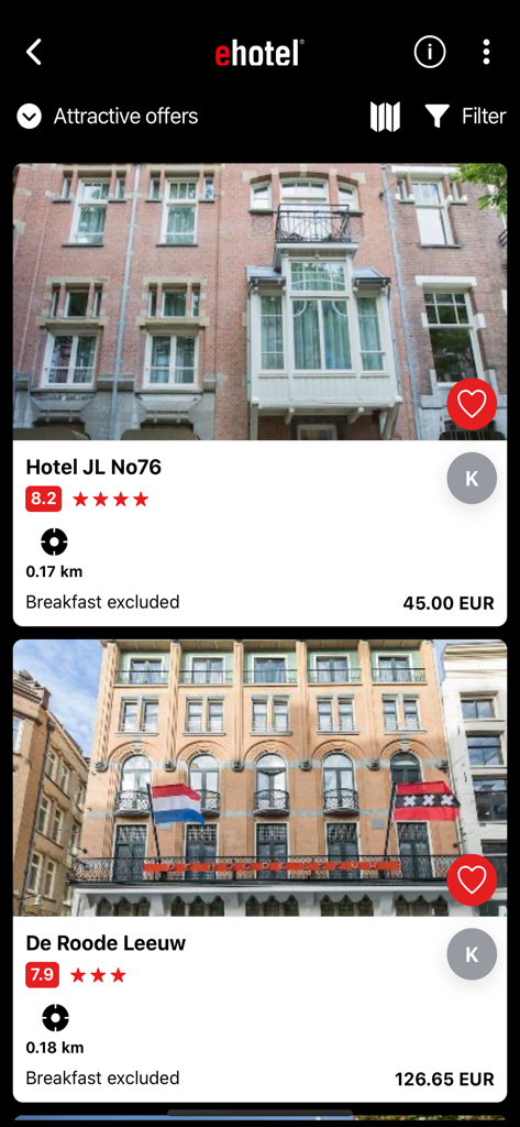 ehotel® hotel booking platform - Search results for hotels in the ehotel mobile app showing prices and ratings