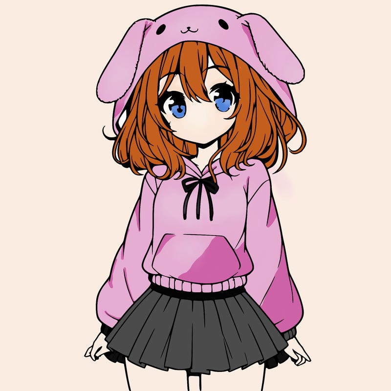 pretty anime girl wearing a fluffy hoodie with bunny ears on the hood and a skirt