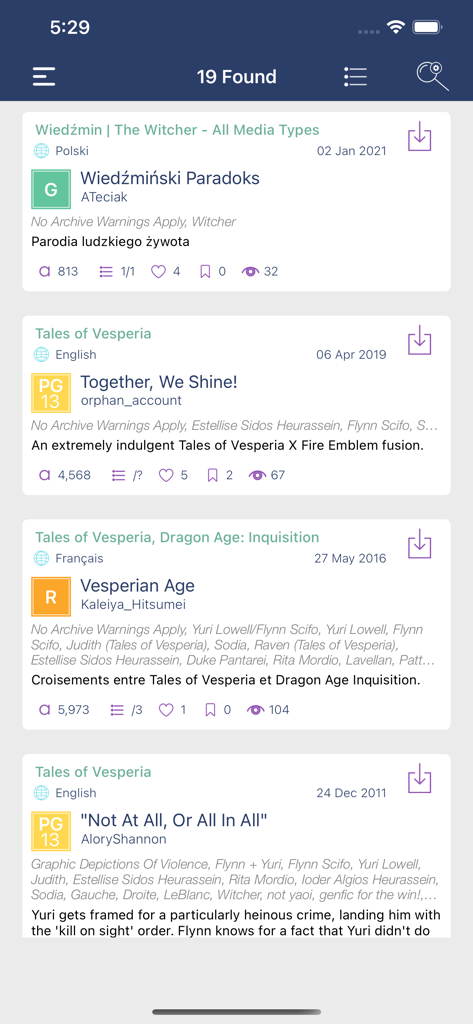 FFS: Unofficial AO3 Reader app - Search results list in the FFS fanfiction reader app showing story titles and stats
