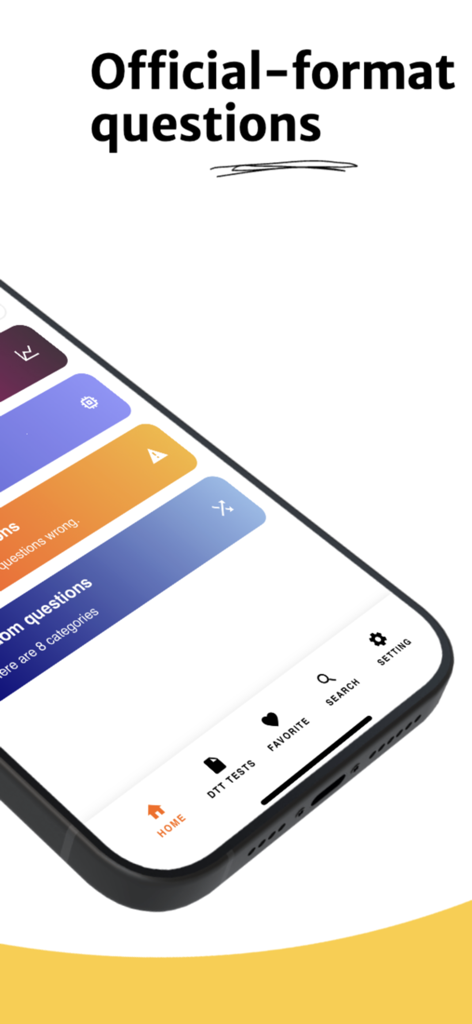 NZ Driving Theory Test PRO - Um ecrã de smartphone que exibe a interface principal da aplicação NZ Driving Theory Test PRO com questões em formato oficial e categorias de aprendizagem.