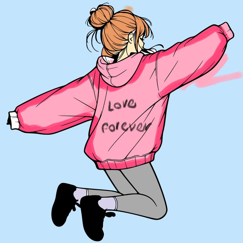 realistic girl jumping with a bun and oversized sweatshirt
