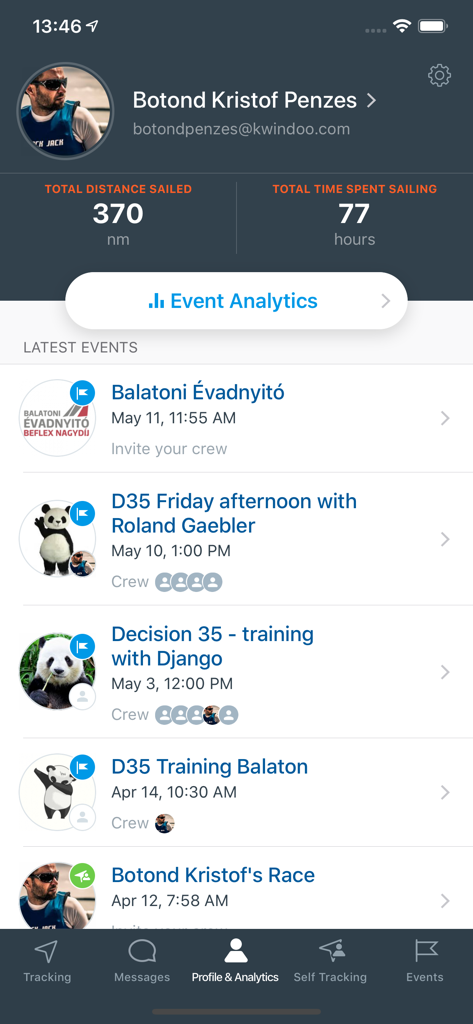 Pantalla de perfil de la aplicación de vela KWINDOO que muestra la distancia total navegada y el historial de eventos recientes